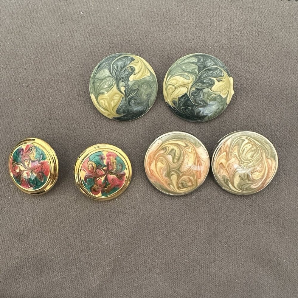 Lot Of 3 Vintage Earrings Swirled Painted‎ Goldtone 1980s